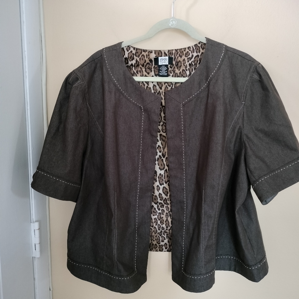 Studio 1940 Cotton Blend Open Front Brown Jacket 24W Office Leopard Lining
